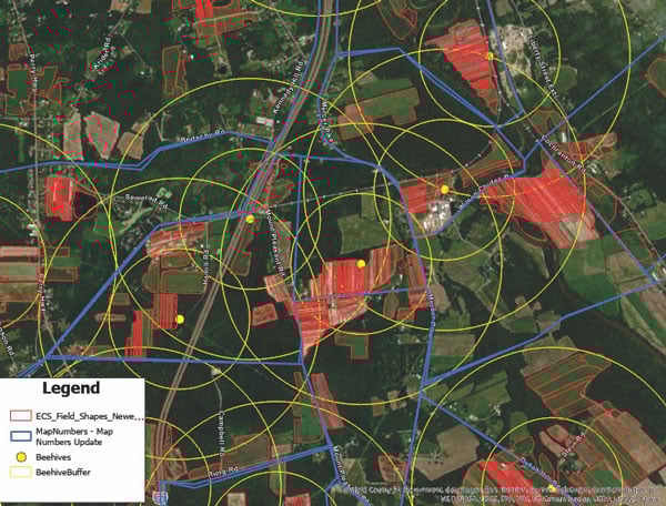 Ernst's own seed production relies on pollinators. Beehives are mapped and placed strategically across the fields to provide full coverage of seed crops. (Photo: Courtesy of Ernst Seeds)